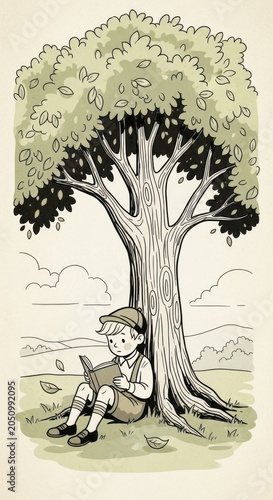 Young boy reading a book under a large tree on a sunny day.