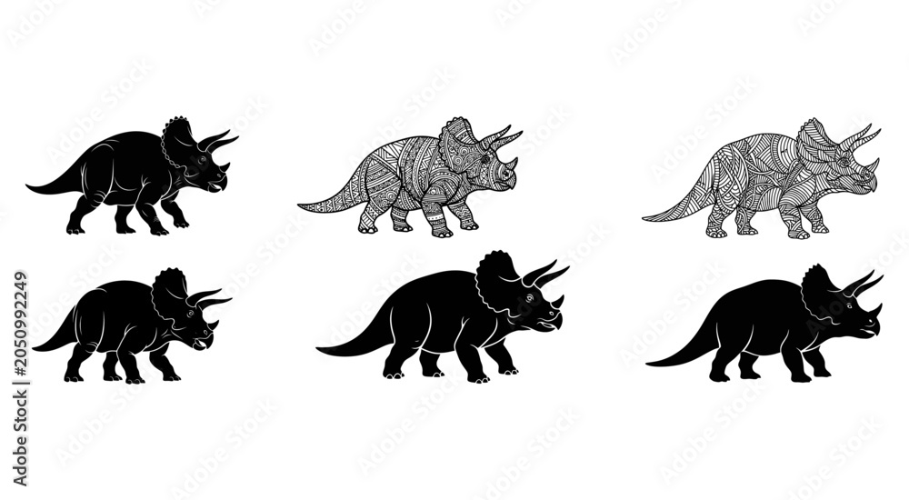 Obraz premium Triceratops Silhouette Collection On White Background Detailed Vector Illustrations dinosaur