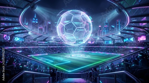 Futuristic mega soccer stadium with huge glowing hologram football over the pitch at night