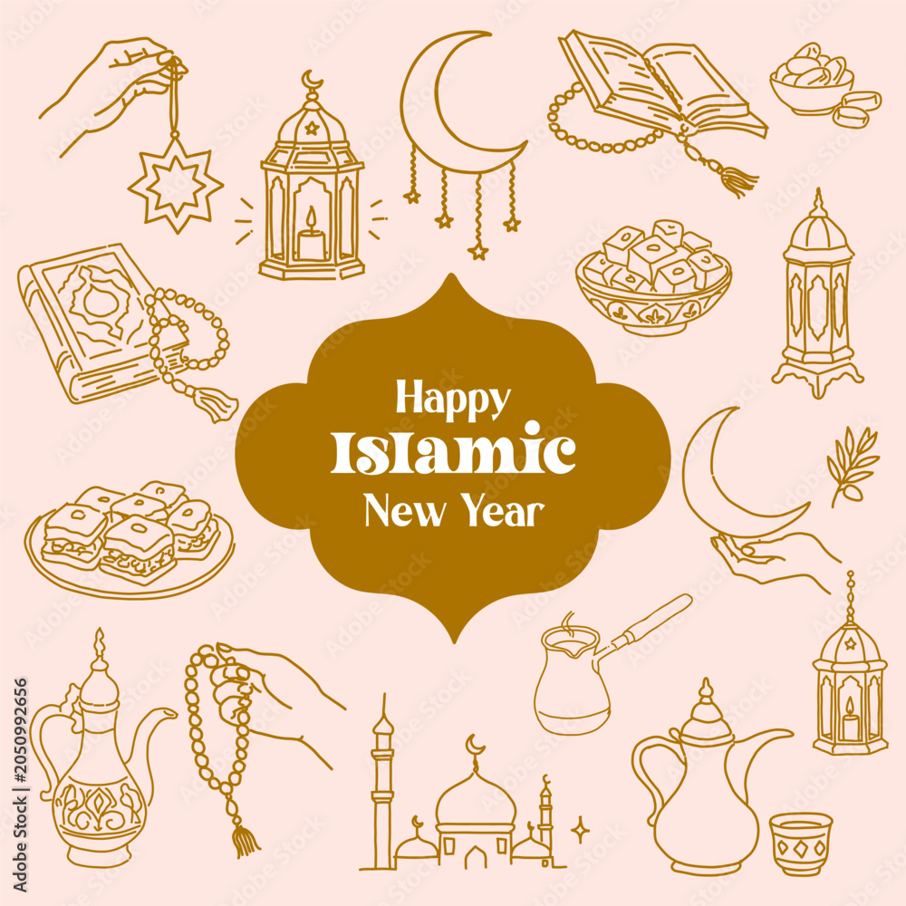Obraz premium Happy Islamic new year greeting with lanterns, crescent moons, and traditional elements