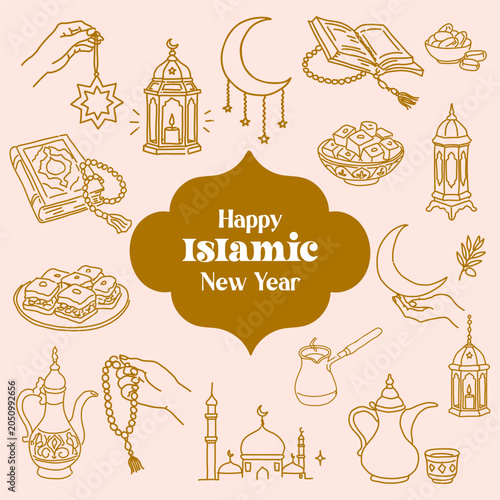 Happy Islamic new year greeting with lanterns, crescent moons, and traditional elements