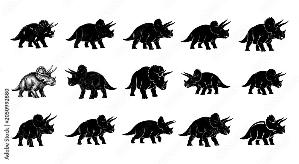 Obraz premium Triceratops Silhouettes Collection On White Background Paleontology Illustration dinosaur reptile