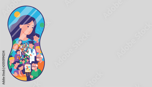 Woman's Reflection in Mirror Shows Diverse Group of People, Symbolizing Connection and Community