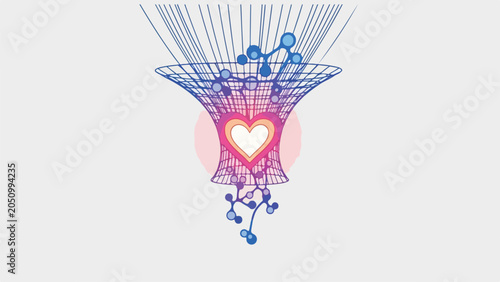 Abstract representation of love and connection flowing into a central heart, symbolizing data processing or emotional input.