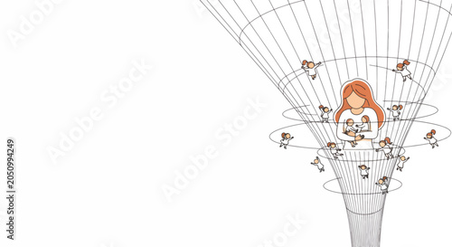 Conceptual illustration of a funnel with people moving towards a central figure, representing a sales or recruitment funnel.