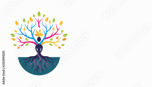 Abstract human tree of life logo with colorful branches and roots, representing growth, connection, and well-being
