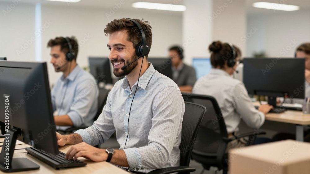 Obraz premium Man using headset and computer in call center environment.