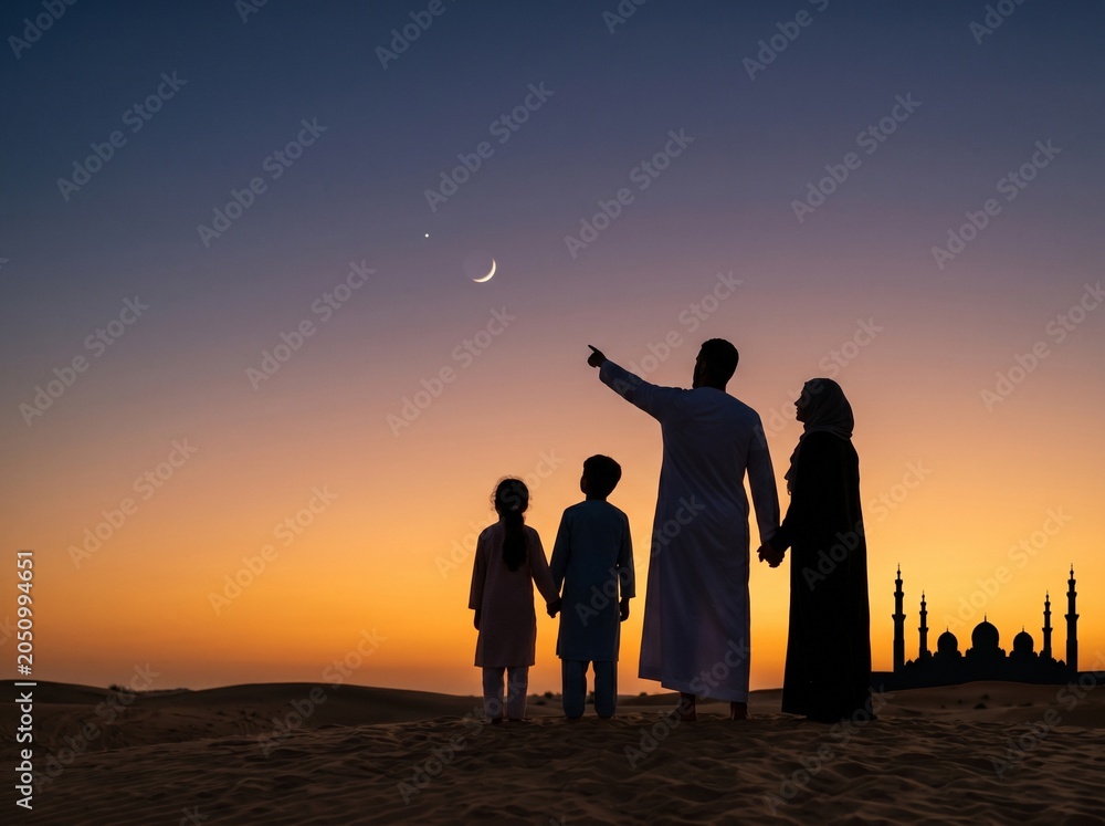 Fototapeta premium Muslim Family Silhouette Under Crescent Moon During Sunset