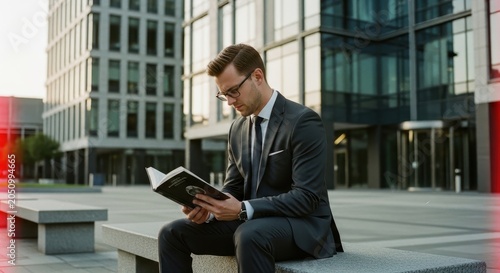 Young businessman in suit and glasses reading a book outdoors.