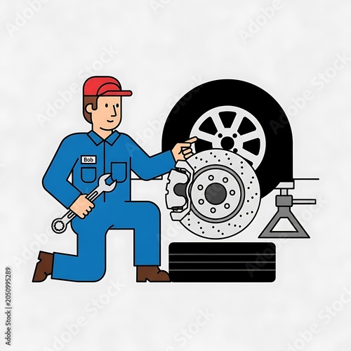 Mechanic inspecting car engine with flashlight.
