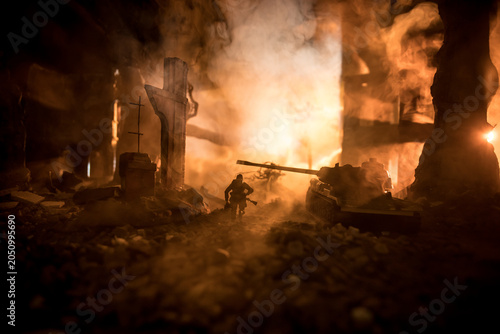 War Concept. Military silhouettes fighting scene on war fog sky background, World War Soldiers Silhouette Below Cloudy Skyline At night. Battle in ruined city.