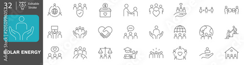 Set of social responsibility icons, including charity, community, equality, education, and support, thin line style editable line icons vector illustration