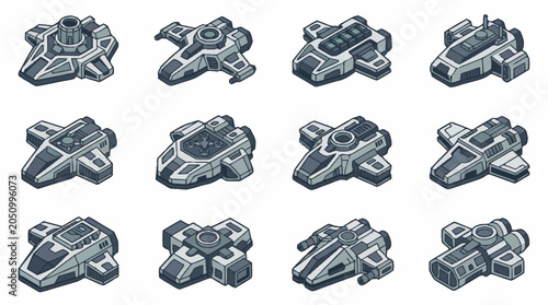 Bild auf Leinwand Set of isometric futuristic spaceship icons for science fiction space strategy games