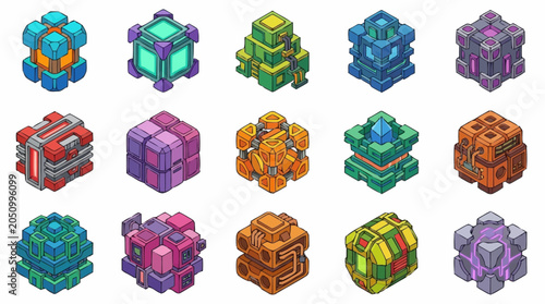 Bild auf Leinwand Set of colorful isometric game assets featuring futuristic boxes and magical chests