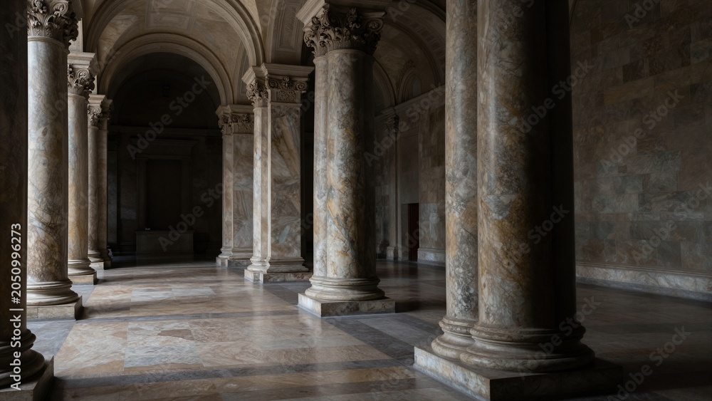 Obraz premium A grand hall featuring tall marble columns and arched ceilings, creating a majestic atmosphere.