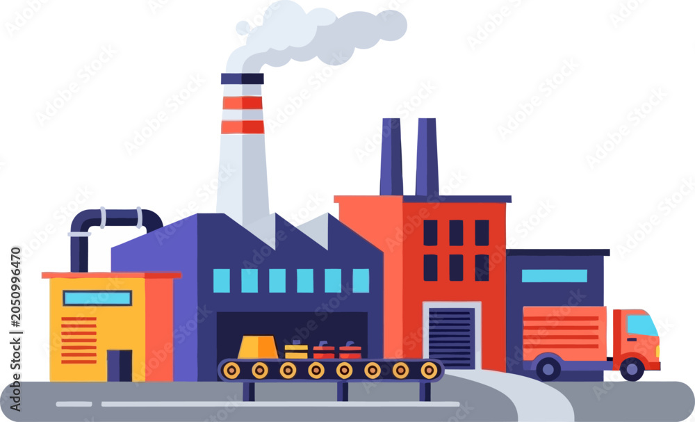Obraz premium Industrial Factory with Smoke Stack and Delivery Trucks Illustration.