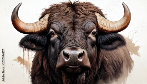 Close-up Portrait of a Majestic Brown Bison with Powerful Horns.