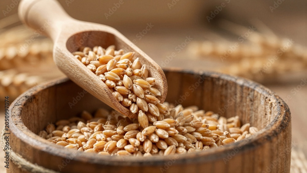 Obraz premium Close-up of golden wheat grains being poured from a wooden scoop into a rustic wooden container with soft focus background.