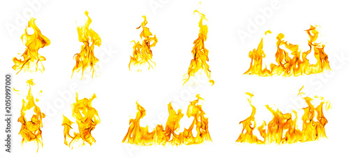 Foto Collection of realistic yellow fire flames isolated on a white background