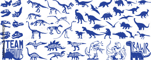 Schilderij op canvas Blue Dinosaur Silhouettes And Skeletons Collection On White Background