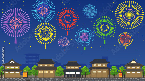 Fireworks Display Over Traditional Japanese Town Vector Illustration