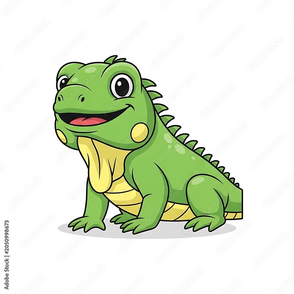 Fototapeta premium Green cartoon dinosaur character smiling happily outdoors.