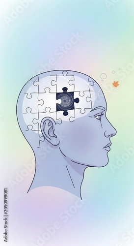 Human head profile with brain represented by puzzle pieces. Concept of cognitive processes and mental function.