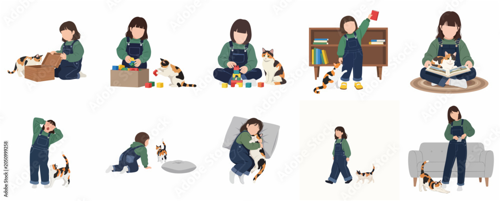 Fototapeta premium Vector Illustration Set of a Little Girl and Her Calico Cat in Various Daily Life Activities