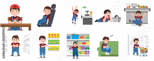 Schilderij op canvas Vector illustration of a little boy exhibiting various behaviors and tantrums during a grocery shopping trip, featuring emotions like anger, sadness, boredom, and exhaustion