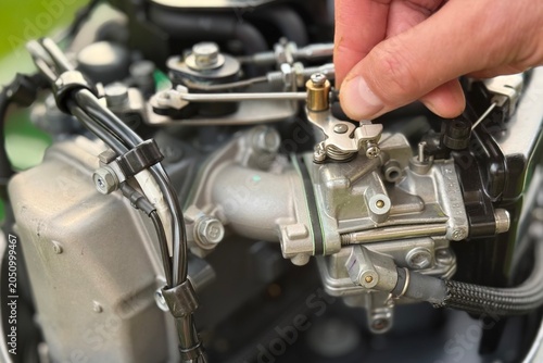 Canvastavla A close-up of a mechanic's hand adjusting a small carburetor linkage on a boat's outboard motor engine