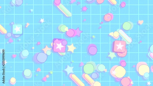 Colorful squares, stars, rounded lines, and circles moving in diagonal direction against pastel blue grid background animation. (loop)