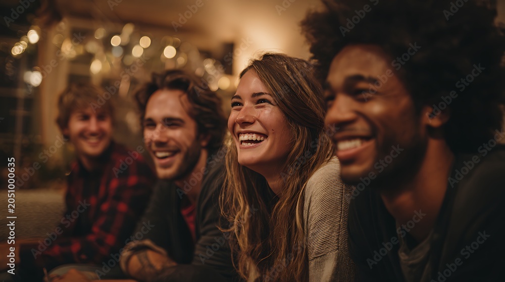 Fototapeta premium Diverse group of friends laughing together indoors.