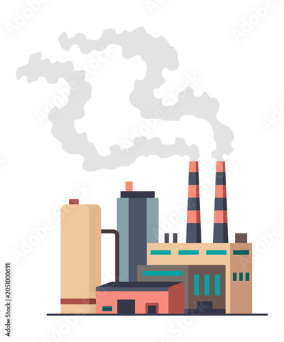 Factory industrial. Manufactory industrial building refinery factory or nuclear power station. Complex of chemical plant buildings isolated on white background