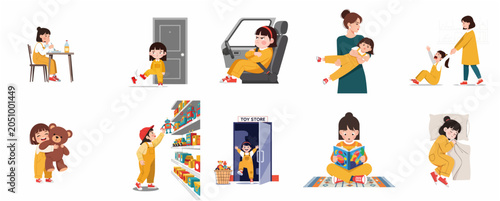 Bild auf Leinwand Toddler girl emotional states and daily activities character set, little girl's