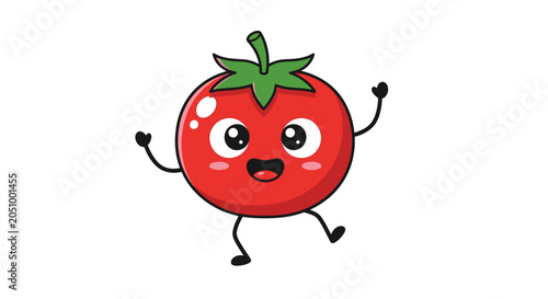 Happy Cartoon Tomato Character Dancing with Joy, White Background