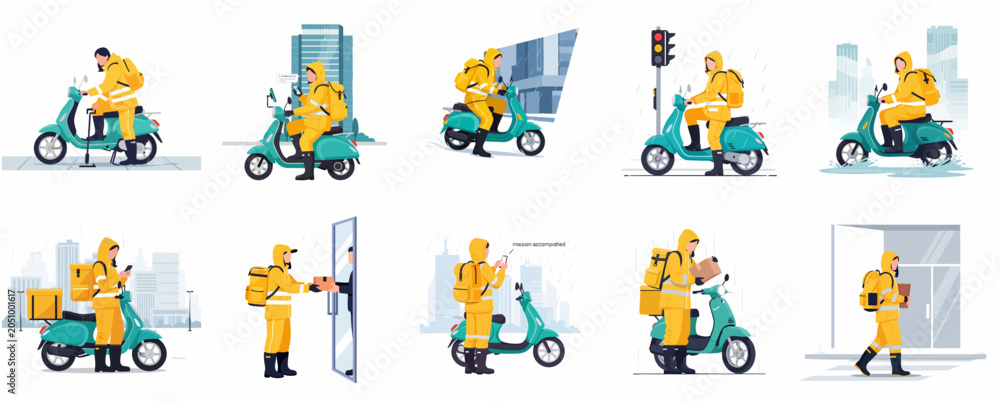 Fototapeta premium Delivery service courier set in yellow raincoat riding scooter and delivering packages during rainy weather, flat vector illustration