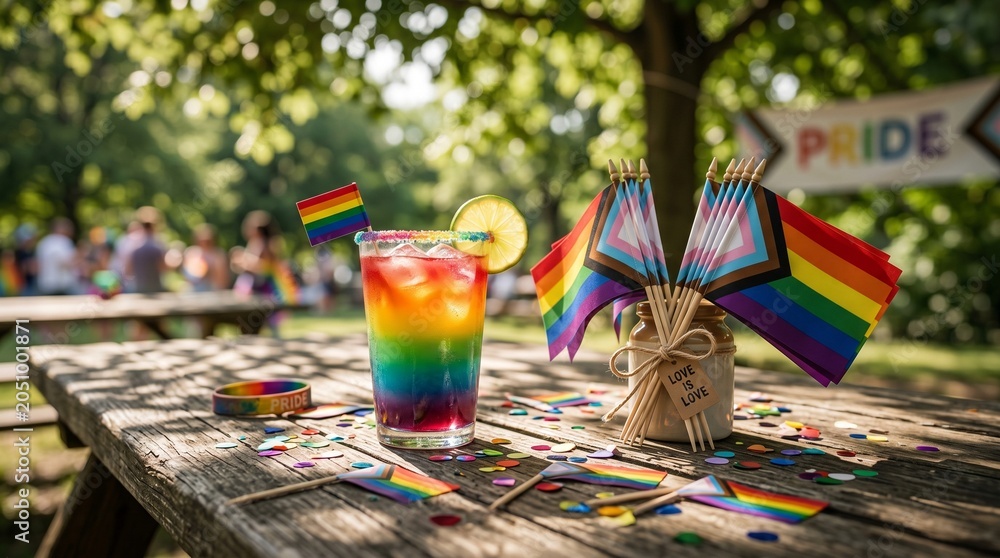 Fototapeta premium Rainbow layered cocktail with pride flag on wooden picnic table, festive outdoor Pride Month celebration with progress flags, confetti, and 