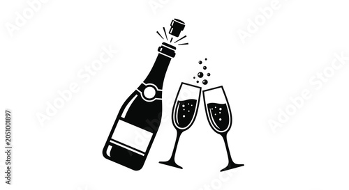 Konstfotografi Champagne Bottle And Glasses Silhouette On A White Background