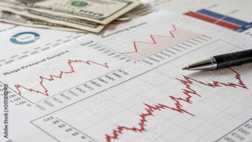 Financial charts and graphs with pen and cash depict unstable financial ecosystem