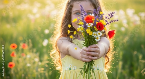 Young girl holding a bouquet of colorful flowers in a field.