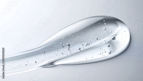 Cosmetic skincare gel texture smear with microbubbles on a sleek metallic silver background