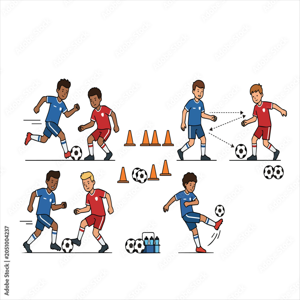 Fototapeta premium Cartoon illustration of soccer players practicing drills and teamwork skills