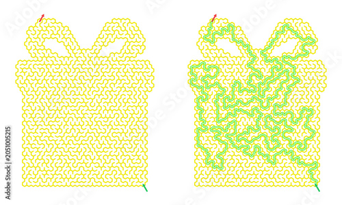 Maze in the shape of a gift box with intricate paths  