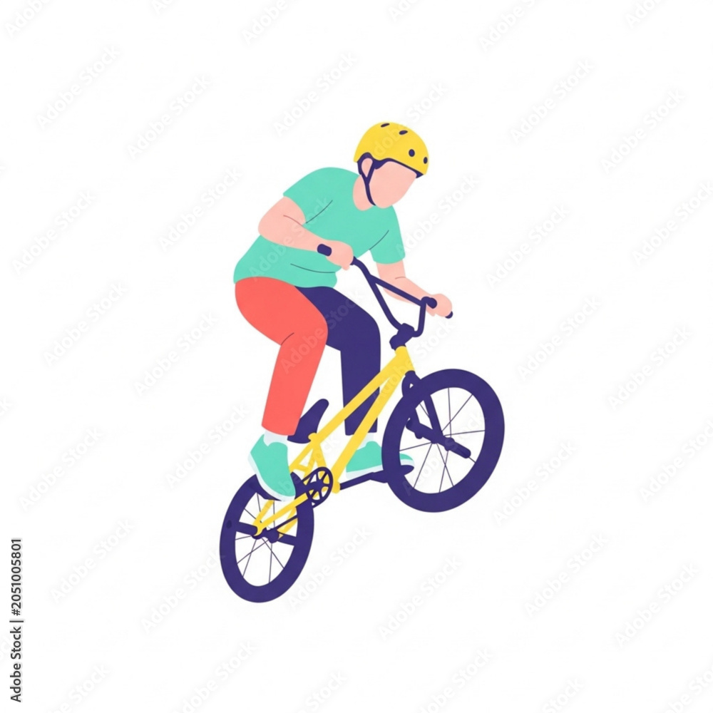 Fototapeta premium Boy performing BMX stunt in colorful outfit and yellow helmet 