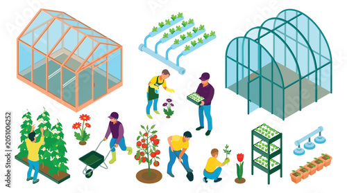 Schilderij op canvas Isometric Greenhouse Scene With Gardeners And Vegetable Plants Vector Illustrati
