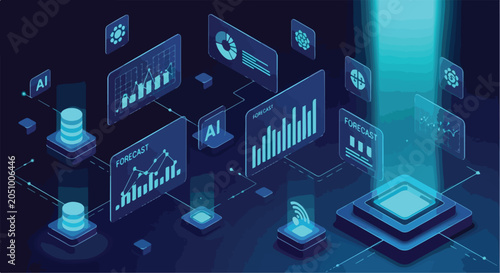 Isometric AI data analytics dashboard with glowing blue charts. Artificial intelligence forecast interface. Big data processing and cloud computing vector.