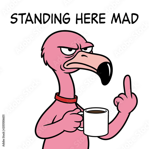 Fotografie Angry pink flamingo holding coffee mug.