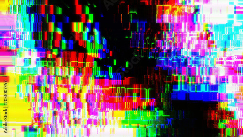 Obraz na płótnie Neon RGB pixel sorting glitch with chromatic aberration and red yellow blue scanline distortion on black