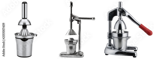 Three different manual citrus juicers made of stainless steel, isolated on a white background
