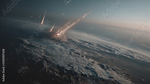 Massive asteroid impact events on an alien planet or Earth, creating fiery trails and explosions visible from space